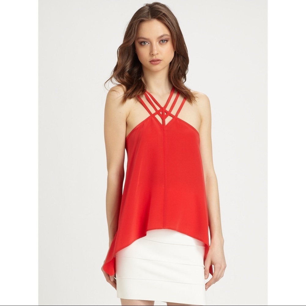 BCBGMAXAZRIA Silk Red Blouse Top Romantic Sexy Fairy Lightweight Crisscross XXS